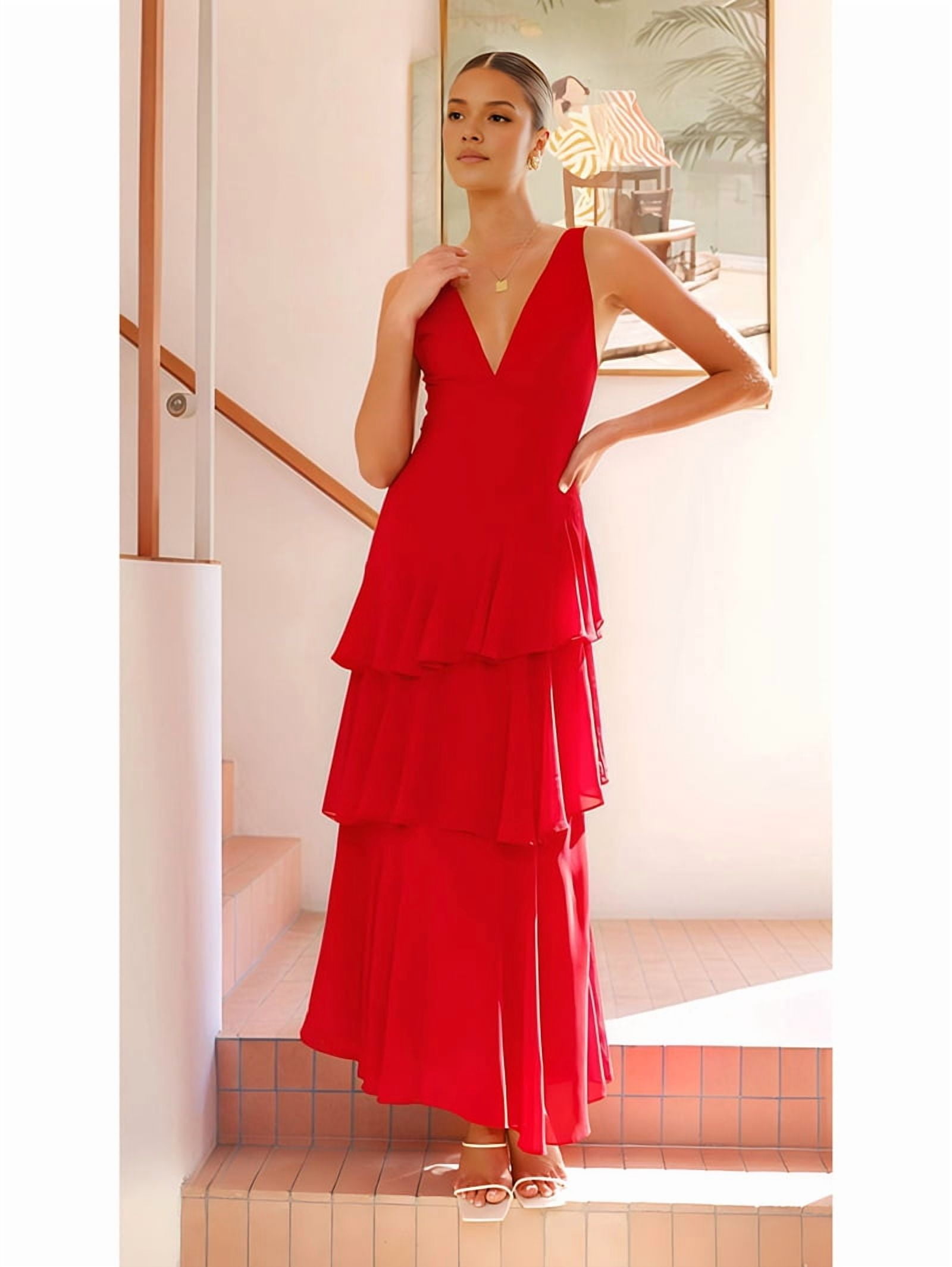 Tiered Chiffon Bridesmaid Dresses for Women Ruffle Formal Evening Dresses Long with Pleated Red M