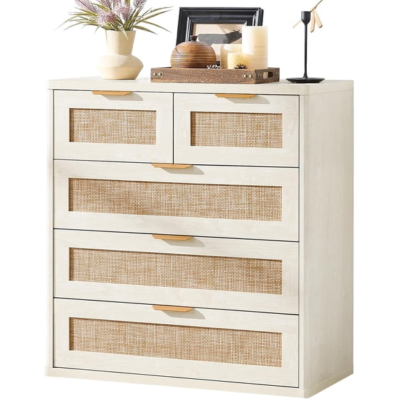 Rattan Dresser for Bedroom, 33.5" Small Chest of Drawers | Gold Metal Handle, Modern 5 Drawers Boho Dressers with Storage for Living Room, Hallway