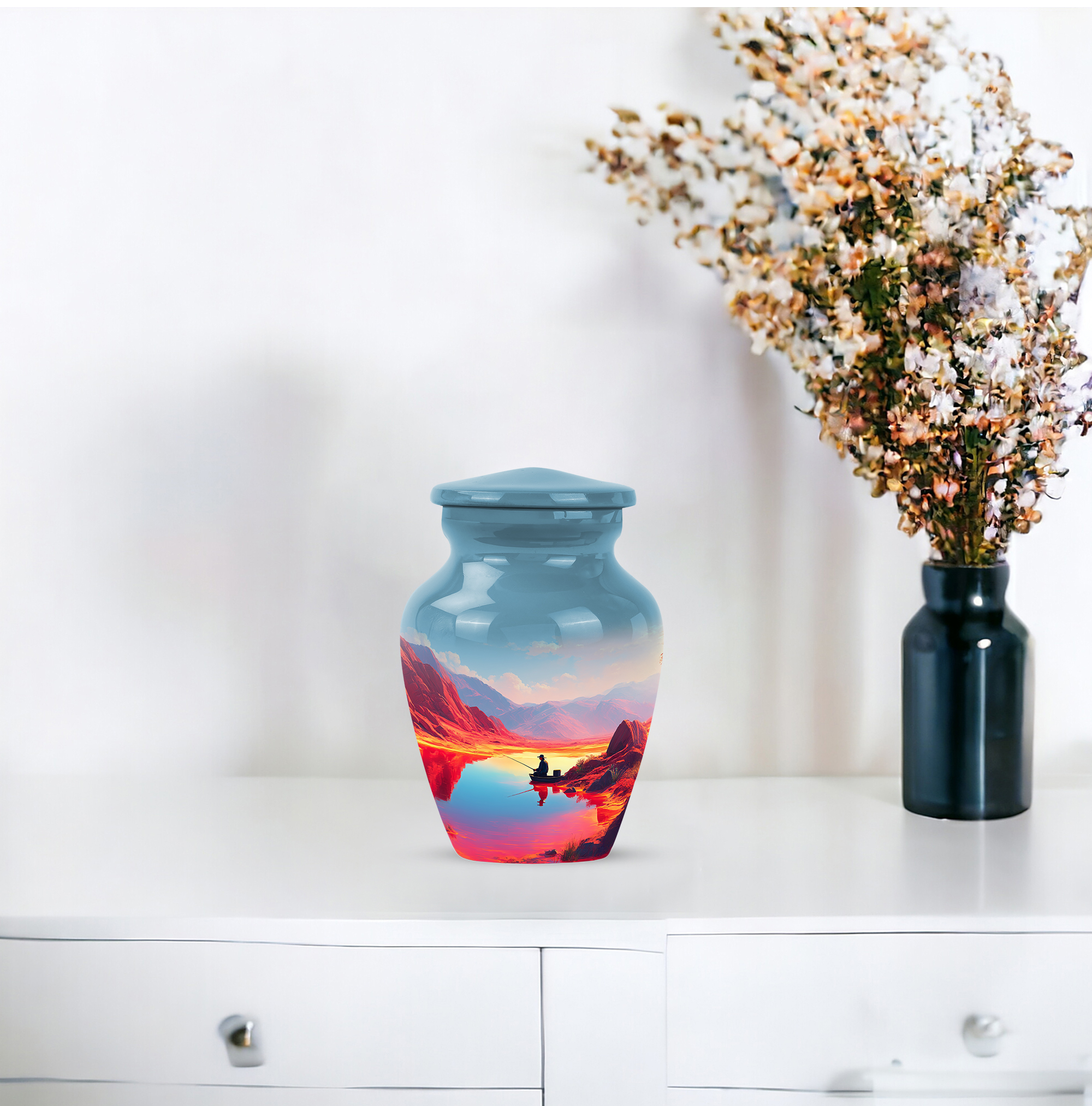Fishing Man Small Urns For Human Ashes Adult Female And Male 3 Inch - Blue Keepsake Urns For Father And Mother Remains - Orange Memorial Urn For Human Ashes Adult Men