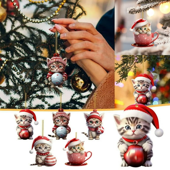 VOTRUDI Christmas Mini Cat Ornament Furry Hanging Decoration,5 Pieces 2024 Acrylic Christmas Pendant Ornaments for Christmas Tree, Holidays, Party, Car and Home Decor.,Red