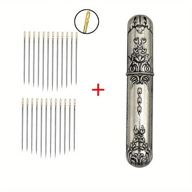 HLONK 1pc Vintage Embossed Alloy Needle Case With 12/24pcs Side Threading Blind Needles Set Sewing Needle Storage Container Elegant Craftsmanship