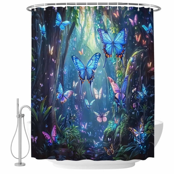 Polyester Fabric Blue Butterfly Shower Curtain, Modern Art Forest Butterflies Waterproof Bathtub Curtain Bathroom Decor Set with Hooks 72 x 84 Inches