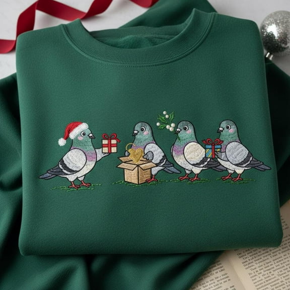 Embroidered Christmas Pigeons Sweatshirt, Holiday Bird Crewneck, Festive Pigeon Lover Gift, Winter Animal Embroidery Sweater