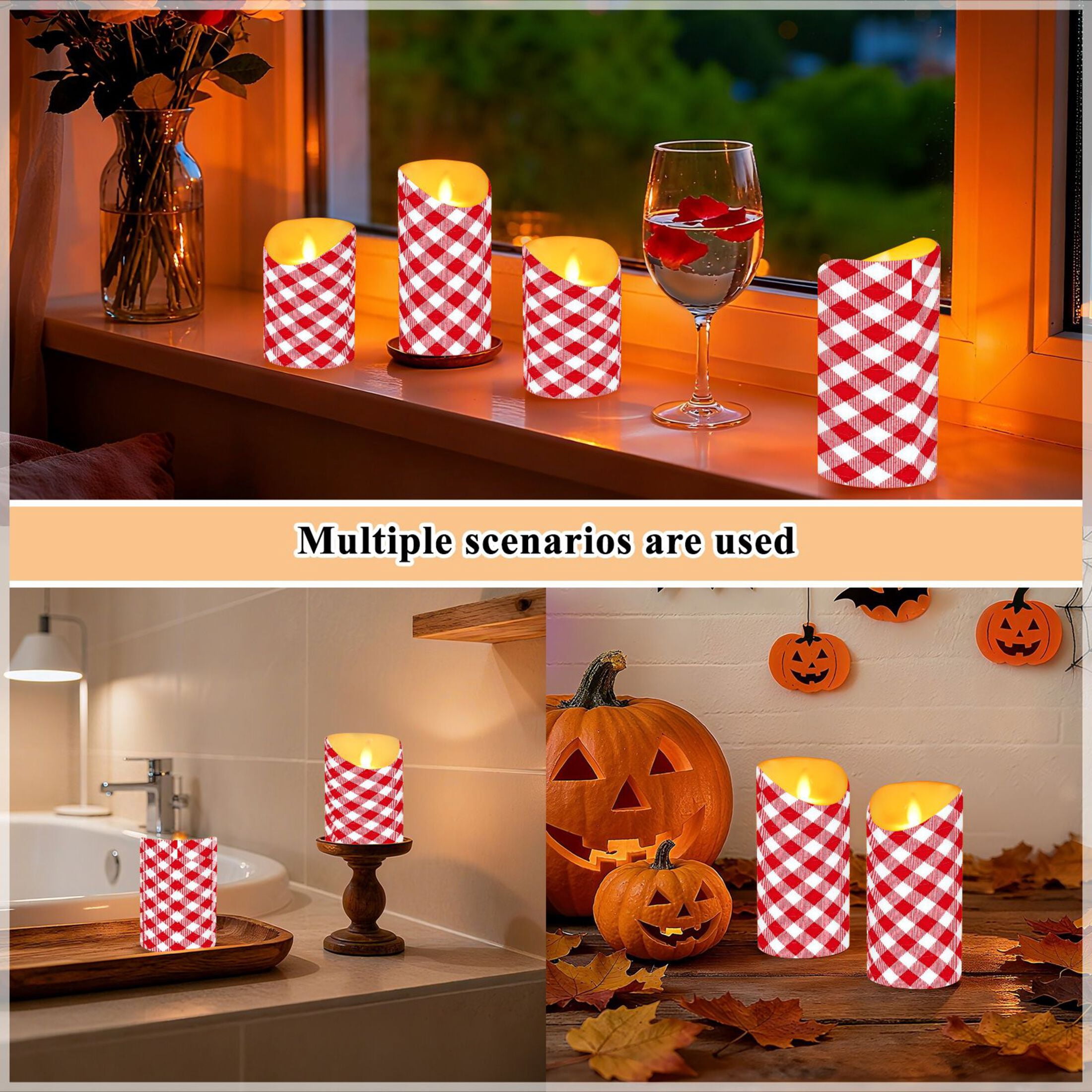 Iauyy Flameless Candles Battery Operated LED Pillar Candles with Remote and Timer, Red and White Checkered Pattern Set of 2 （M)