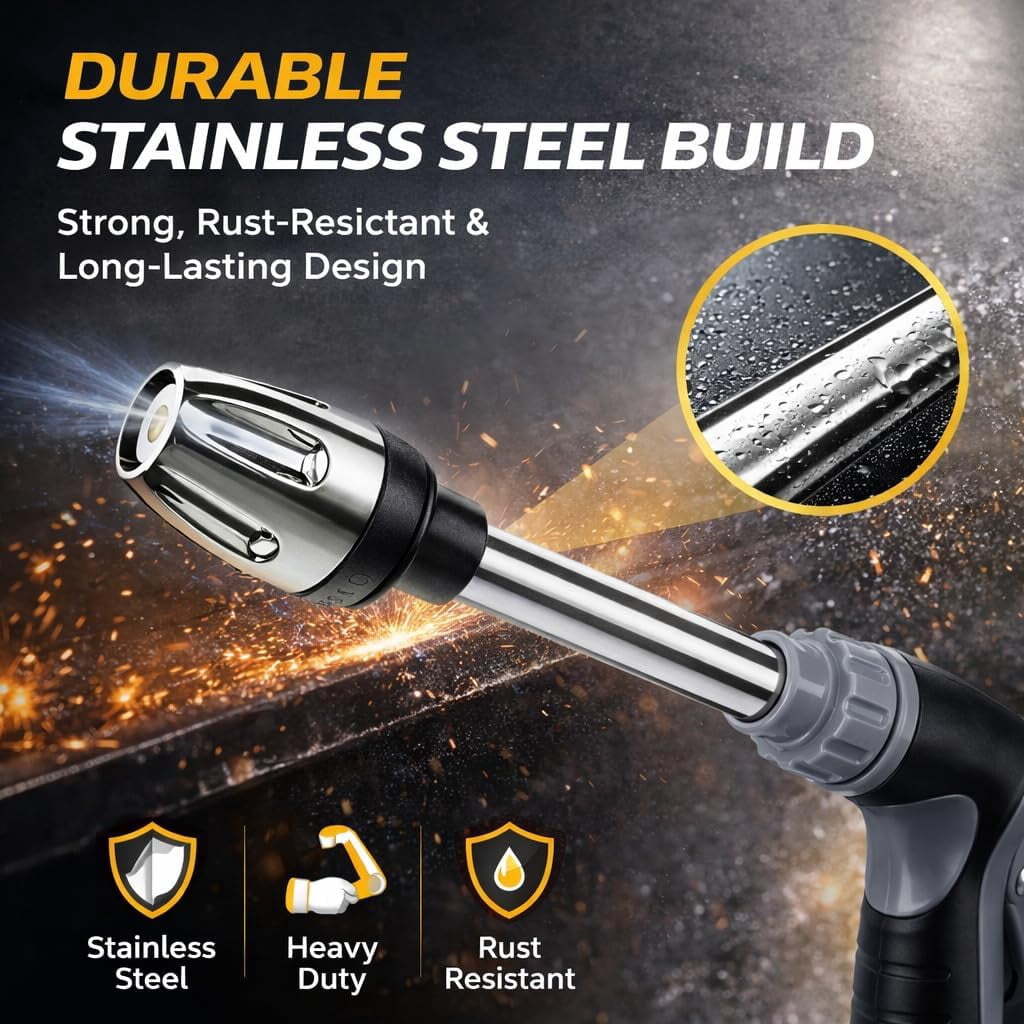Cordless Pressure Washer, Stainless Steel Power Washer Wand with 360° Rotating Nozzle, 3 Spray Modes, Universal Hose Compatible for Car, Patio & Garden Cleaning (B) B