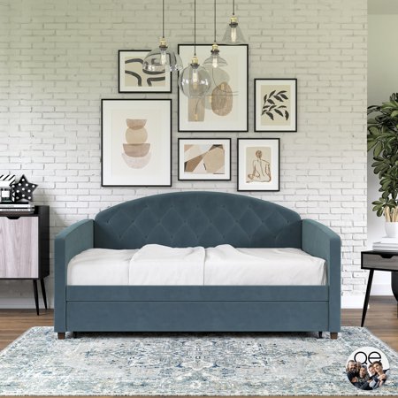 Queer Eye Liam Upholstered Daybed and Trundle  Full/Twin  Navy Blue Velvet
