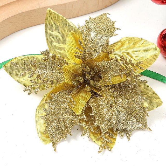 Cabeza de flor de Navidad con polvo de oro de simulación, flor falsa, corona de Navidad con polvo de oro de múltiples capas, decoración para árbol de Navidad