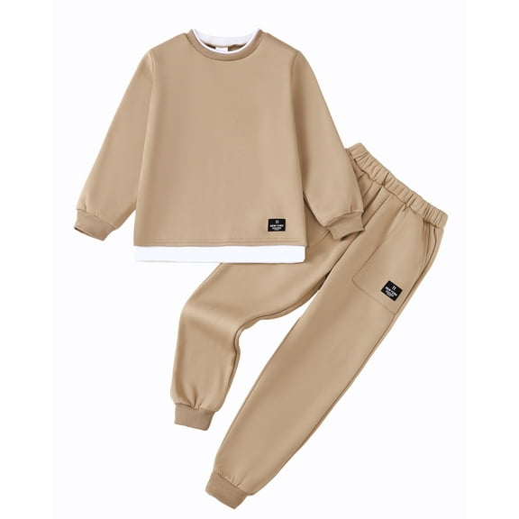 KIMI BEAR 13Y Big Boys Winter Outfits 14Y Big Boys Warm Clothes Sets Long Sleeves Pullover Sweatshirt Patchwork Color Block Wadding Top   Pants 2PCs Clothing Sets Khaki