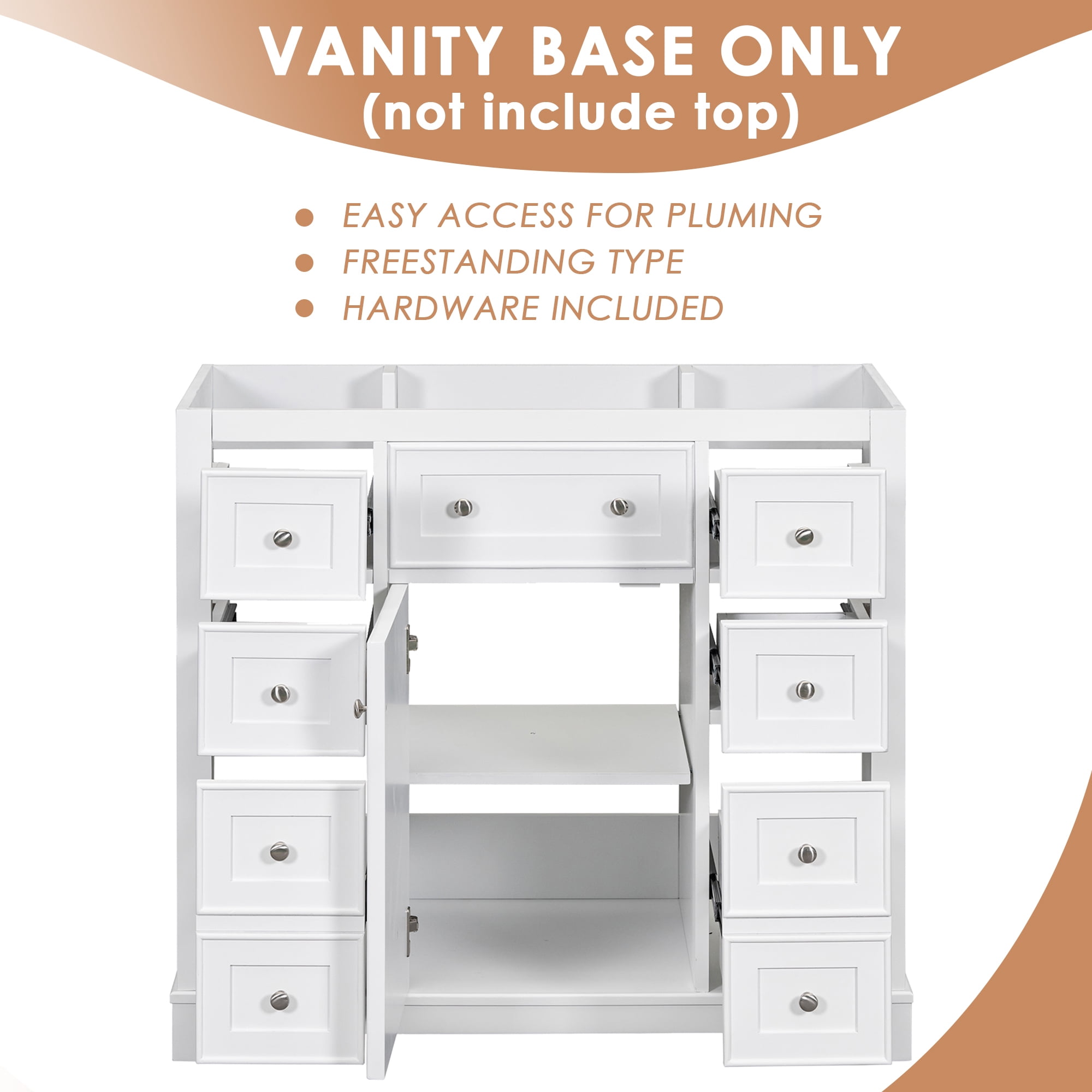 EUROCO 36" Bathroom Vanity Base Only,Bathroom Vanity Without Top Sink, Modern Freestanding Bathroom Storage Cabinet with 6 Drawers, Solid Wood Frame,White