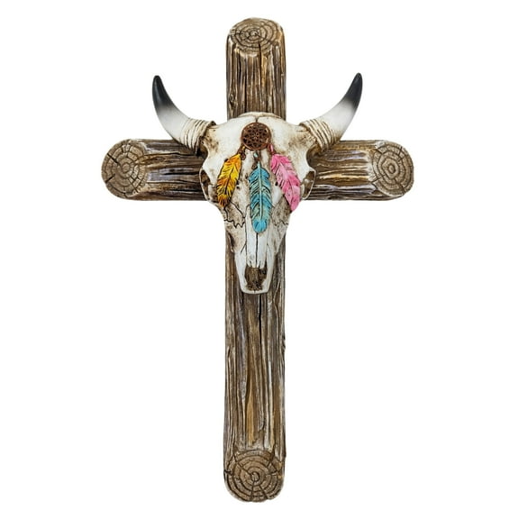 Rustic Southwestern Wall Cross - Faux Wood Steer Skull with Feathers - Western Home or Office Decor - Religious or Spiritual Wall art Gift Idea