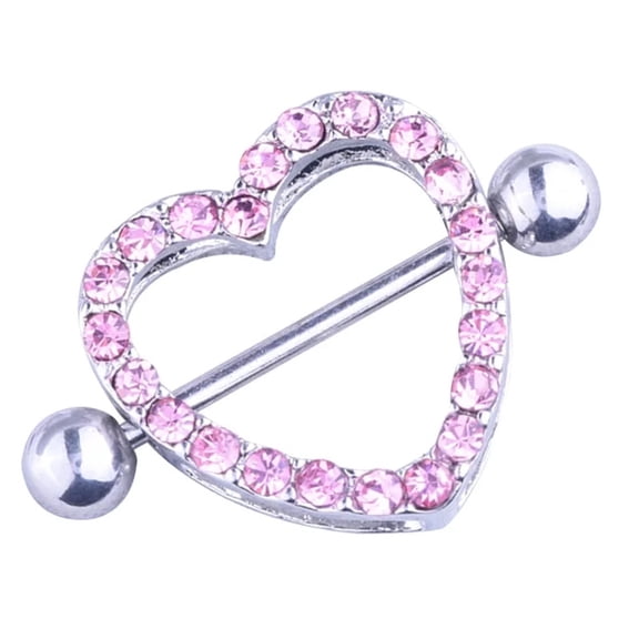 DESIGNICE Double deck Love Shape Rhinestone Nipple Ring Anti allergy Piercing Body Jewelry (Pink S)