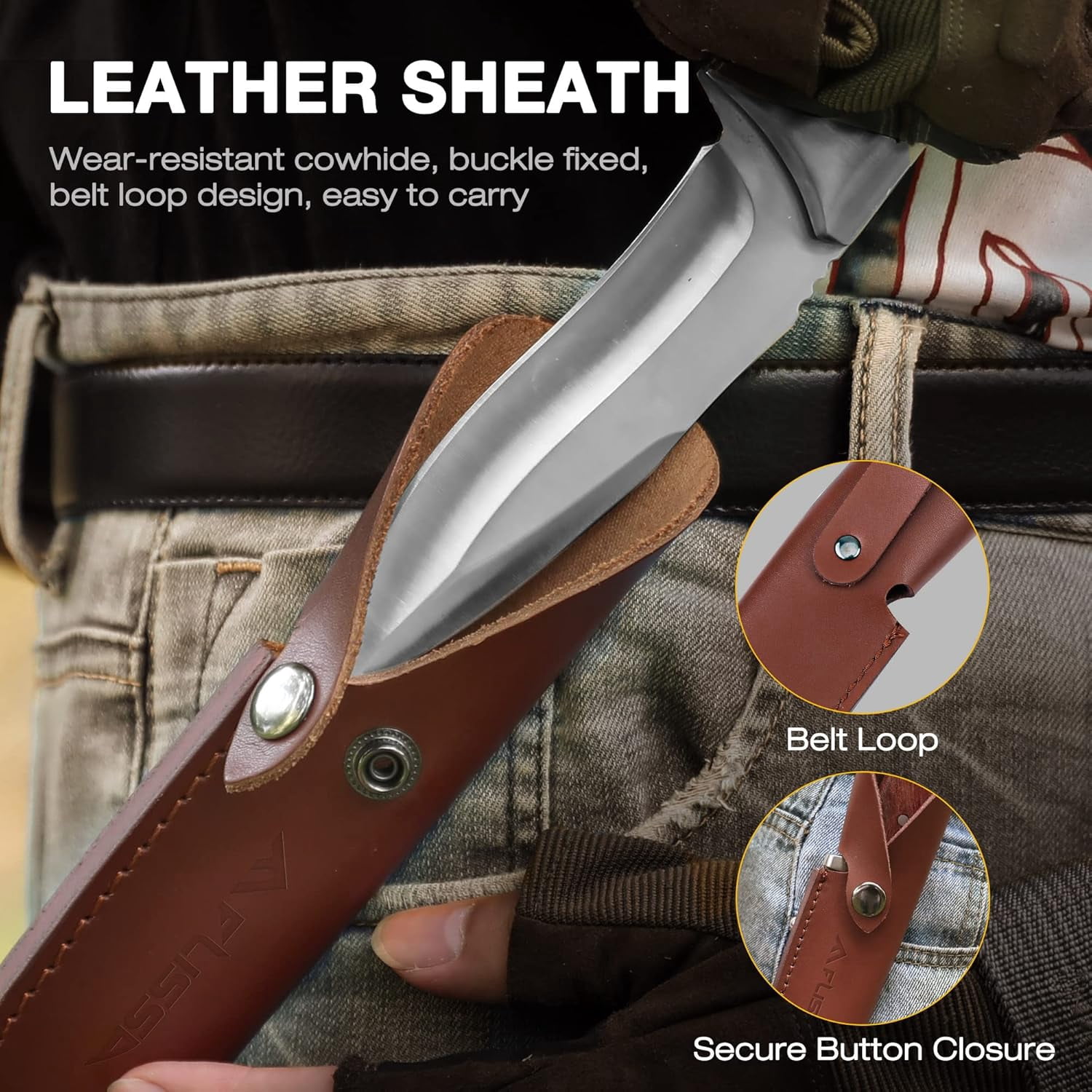 FLISSA Fixed Blade Knife with Sheath, 9.8'' Full Tang Hunting Knife with High Carbon Steel Blade, Non-Slip Rose Wooden Handle, Lanyard Hole, Camping Knives for Hiking, Hunting, Survival, Camping