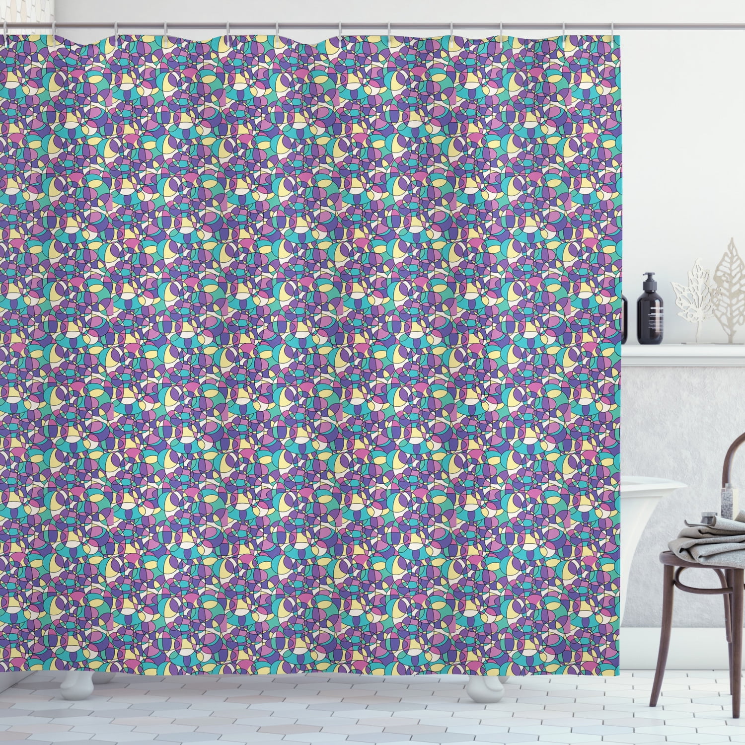 Geometric Shower Curtain, Colorful Retro Inspired Pattern with Quirky