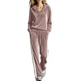 thumbnail image 3 of Tqcoqu Women's 2 Piece Velour Tracksuit,V Neck Hooded Long Sleeve Top & Wide Leg Pants with Side Stripe,Casual Loungewear Plus Size Outfit Set,Pink Women's S-XXL, 3 of 6