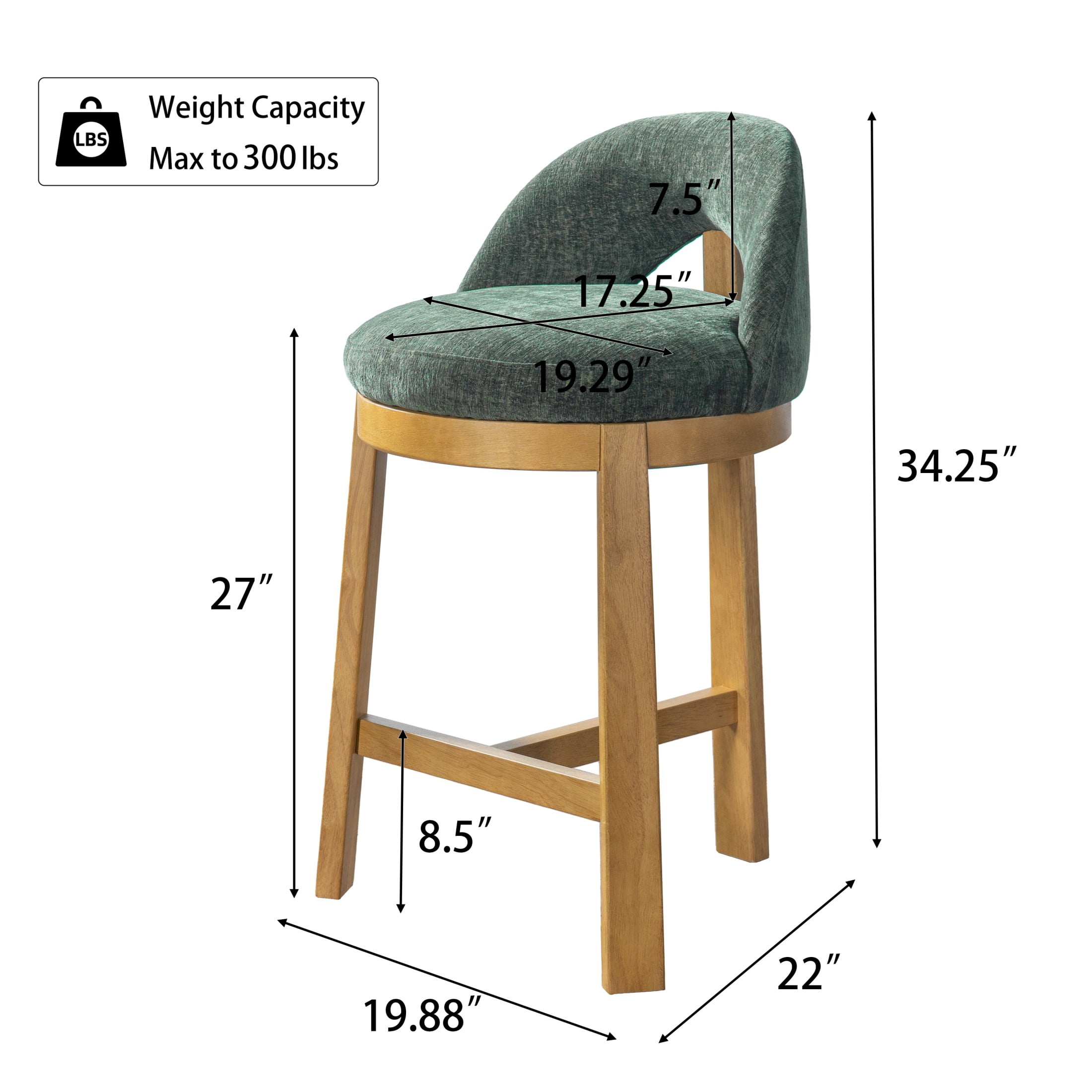 Christopher Knight Home Modern Upholstered Counter Stools with Curved Back, Wood Frame, Natural+Green, Set of 2