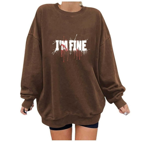 Womens Oversized Hoodies Ndbuld Women's Printed Off Shoulder Hoodless Sweatshirt With Round Neck And Long Sleeved Top Coffee 2XL