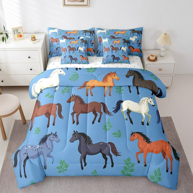 Ensemble de Douillette Grand avec Draps à Motif de Chevaux, Sac‑lit 7 Pcs Mignon Style Maison de Ferme pour Enfants et Adultes, Ensemble de Literie Rustique à Animaux, Ensemble de Lit Vert à Feuilles Botaniques, Réversible