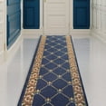 thumbnail image 1 of Custom Size Runner Rug Fleur De Lis French Design Navy Color 26 or 31 inch Wide Pick Your Length Non-Slip Rubber Backing Stair Runner, 1 of 6