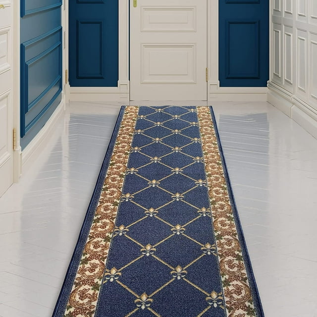 Custom Size Runner Rug Fleur De Lis French Design Navy Color 26 or 31 inch Wide Pick Your Length Non-Slip Rubber Backing Stair Runner