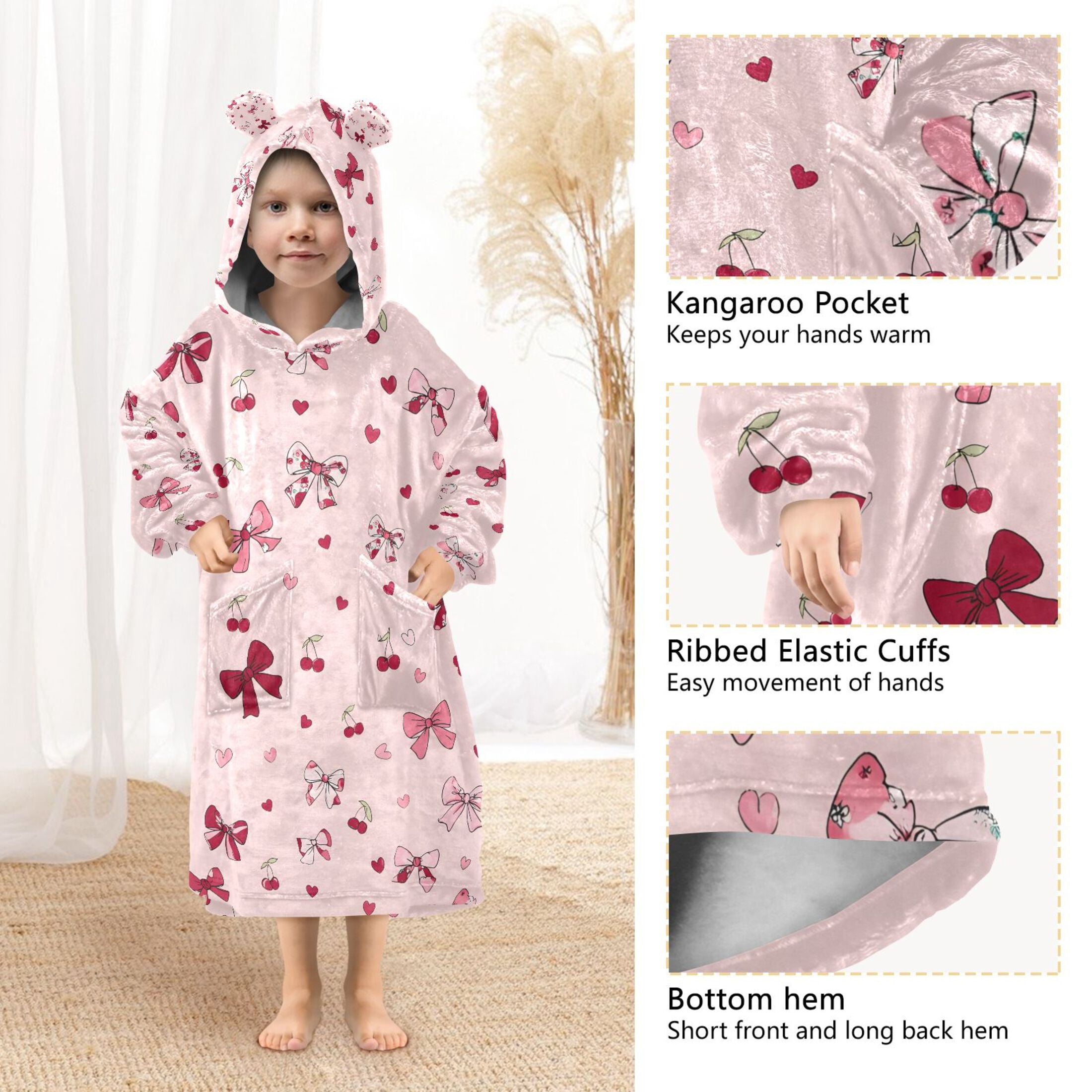 joogoo Wearable Blanket Hoodie for Bows Hearts Cherry Flannel Sherpa Pocket 3-14 YR S