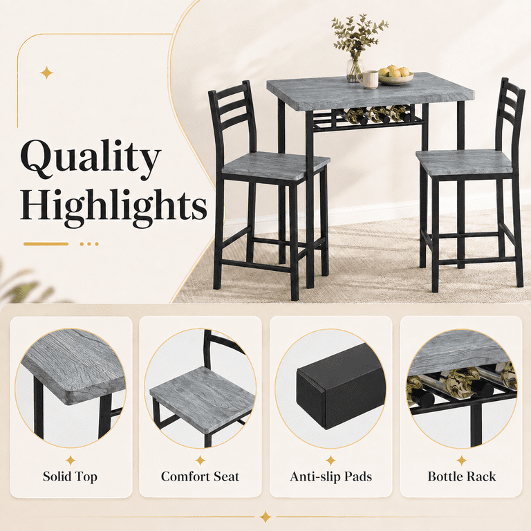 Lacoo 3 Piece Dining Table Set for 2, Small Kitchen Table and 2 Chairs, Space Saving Dining Room Table Set for Apartment, Breakfast Nook, Gray