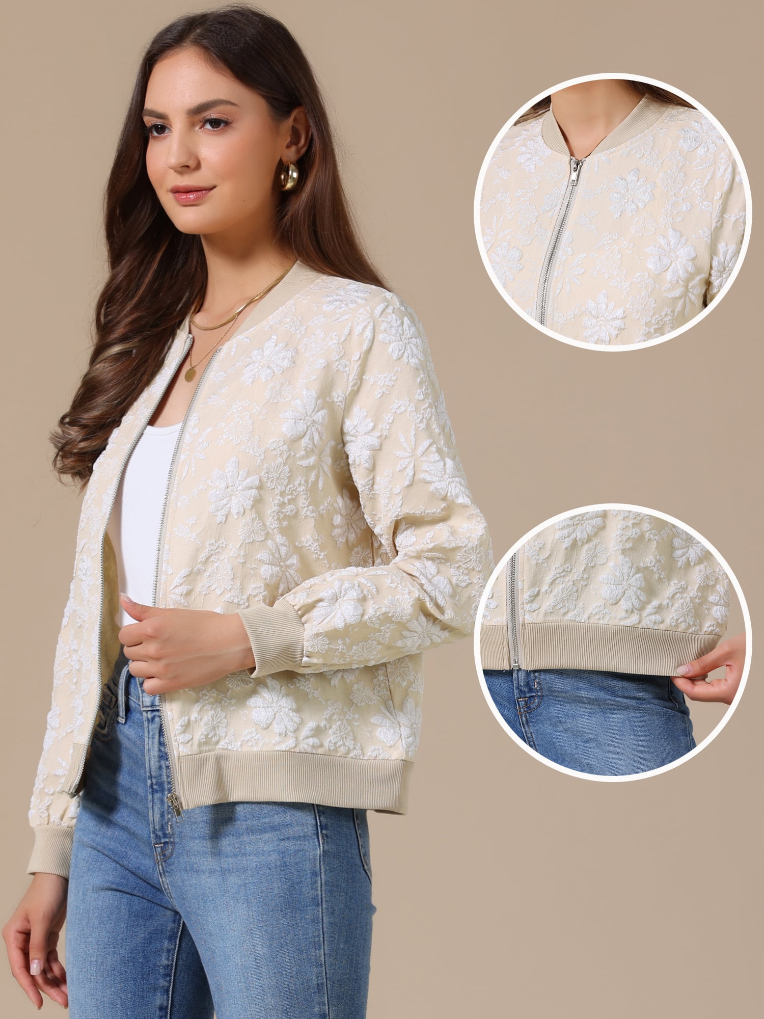 DARING DIVA Women's Floral Bomber Zip Up Lightweight Windbreaker Jacket XL Khaki