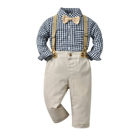

EHTMSAK Toddler Baby Children Boy 2PCS Bow Tie Shirts and Suspender Pants Set Long Sleeve Clothing Set Outfits Beige 130