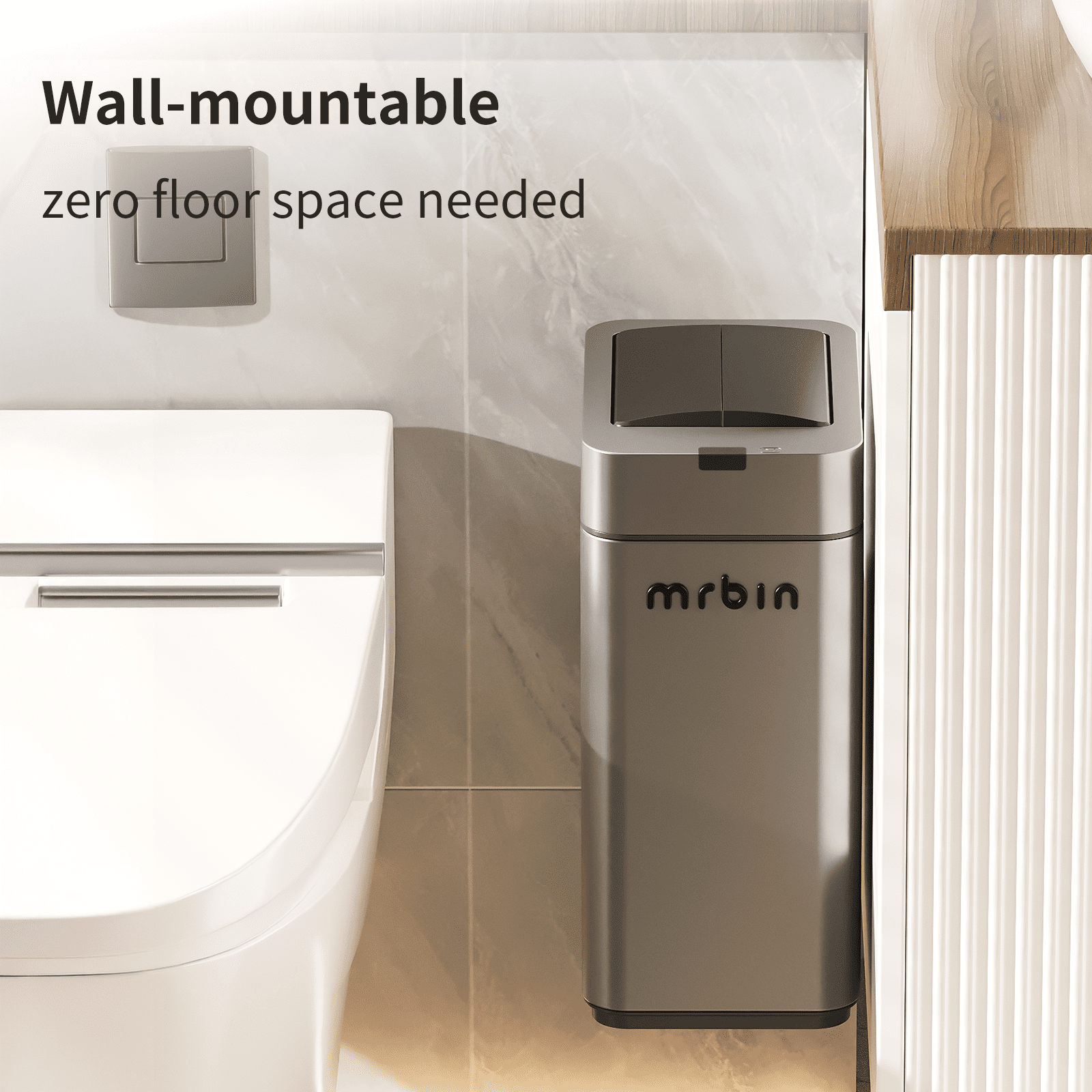 MRBIN Slim 2.4 Gal Bathroom Trash Can with Lid – Small Stainless Steel Touchless Motion-Sensor Waste Basket for Office, Bedroom, Kitchen, RV, Quiet Close, Dog-Proof, Space-Saving Narrow Garbage Can