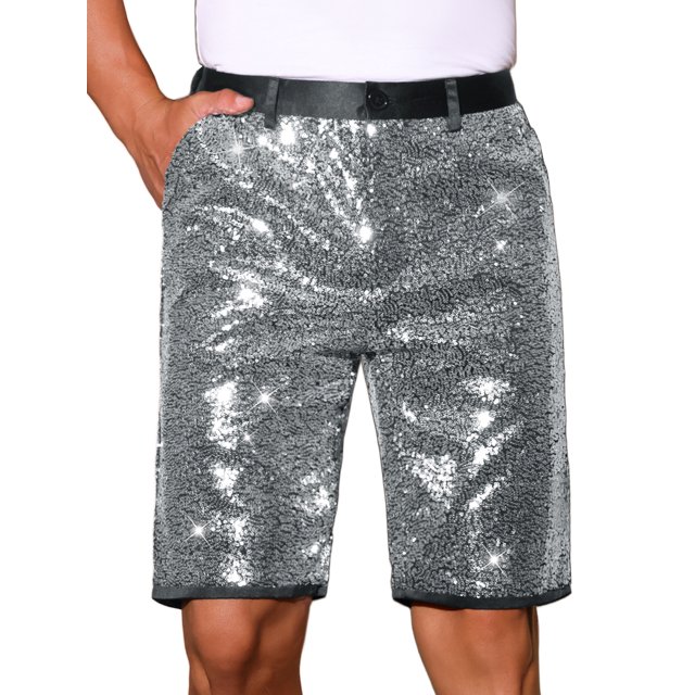 INSPIRAR CHIC Pantalones Cortos Metálicos Brillantes con Lentejuelas para Hombre, Pierna Recta, Fiesta Club Rave 30 Plata
