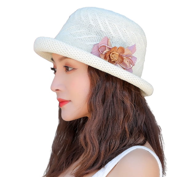 56-58cm hat circumference female summer hat flower fisherman hat sunscreen basin hat - Milky white