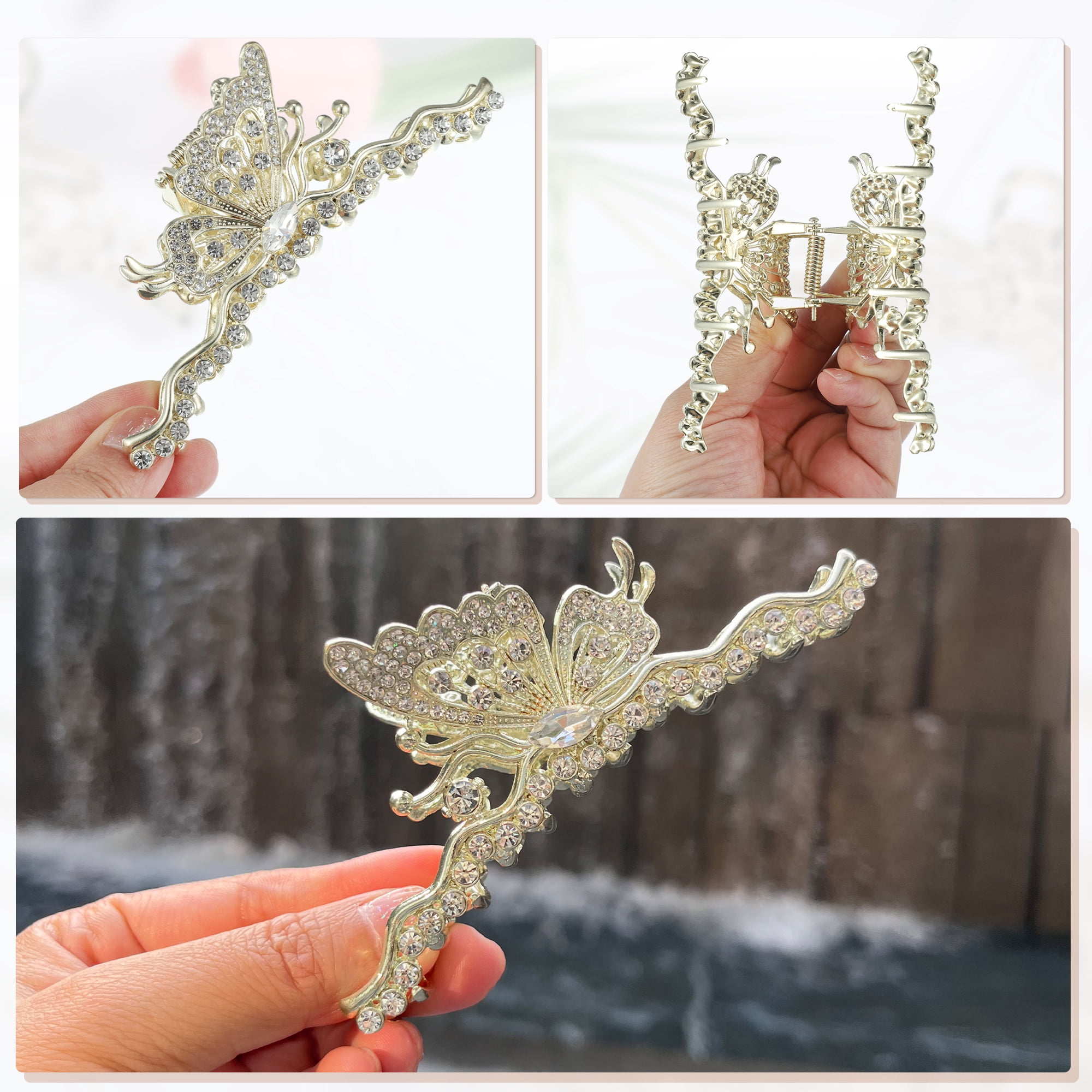 Unique Bargains Classic Rhinestone Butterfly Hair Clip Gold Tone