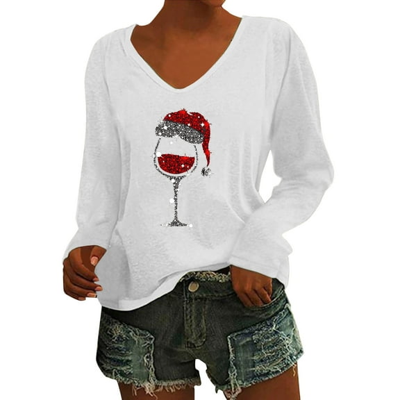 Fiaer Christmas White Long Sleeve Shirts for Women V Neck Shine Glass T Shirts Plus Size Loose Fit Tops White XL