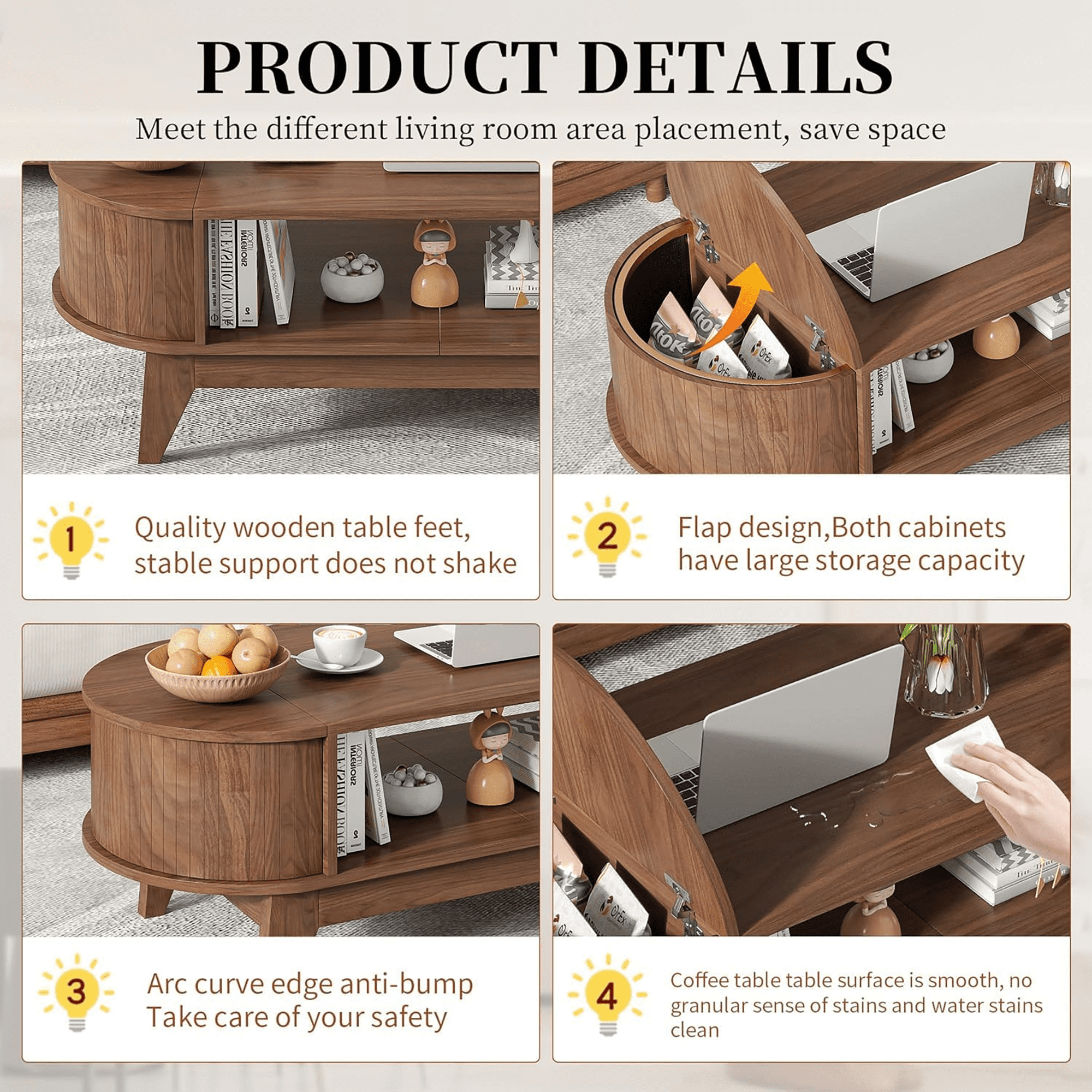 Fluted Coffee Table with Storage, Modern Coffee Tables, Wood Accent Center Table, Walnut