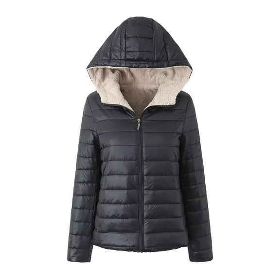Baqcunre Women's Clothing, Women's Quilted Winter Coats Hooded Warm Puffer Jacket with Fleece Hood Valentines Day Gifts, 1Pc Jacket Black L