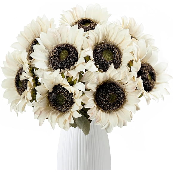 Hawesome Cream White Sunflowers Artificial Flowers 7 Pcs Faux Silk Sunflowers Bouquet Fake Real Touch Long Stems Floral for Wedding Party Centerpieces Home Decoration(Autumn White)