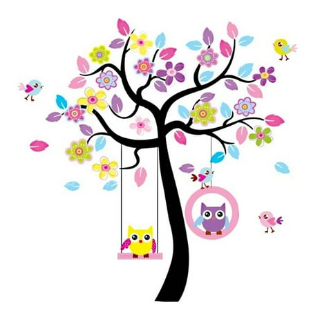Owl Decor For Bedroom Home Bedroom PVC Owl Flower Pattern Self-adhesive Removable Decor Wall Sticker Decal Multicolor ()