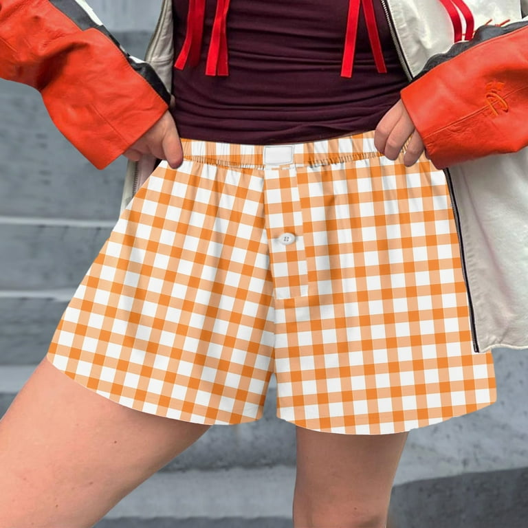 Womens Summer Shorts Women Shorts Cute Soft Elastic Low Waist Plaid Print Button Front Pajama Bottoms Boxer Shorts Sleepwear Cotton