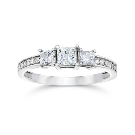 1/2ct Three Stone Princess Cut Diamond Engagement Ring 14K White