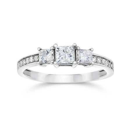 1/2ct Three Stone Princess Cut Diamond Engagement Ring 14K White Gold
