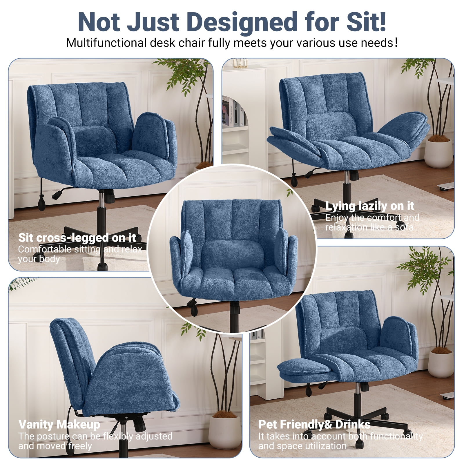 Criss Cross Office Chair with 6-Level Folding Arms and Wheels, Ergonomic Fabric Cross Legged Chair with Dynamic Lumbar Support, Plus Size Swivel Vanity Chair for Home Office, Living Room, Makeup