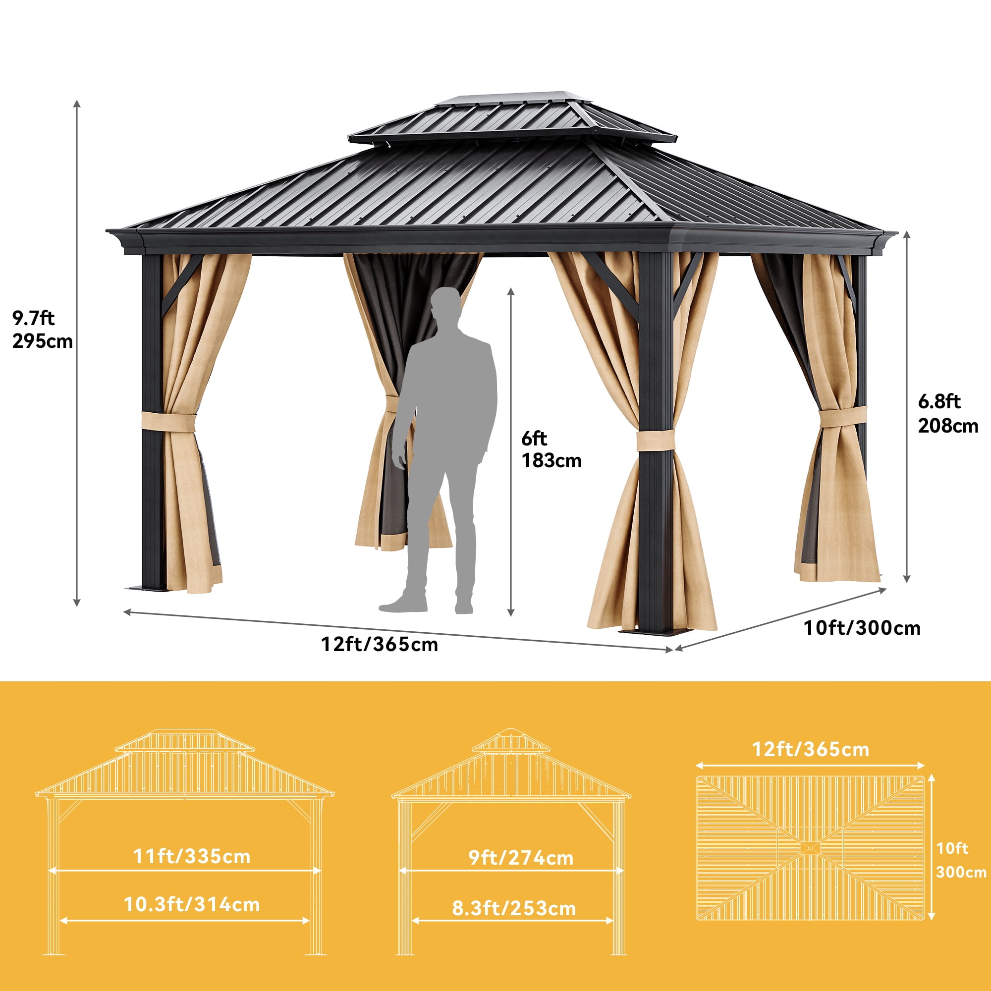 Uforic 10x12ft Hardtop Gazebo,Double Roof Galvanized Iron Aluminum Frame Gazebo W/ Netting and Brown Curtains