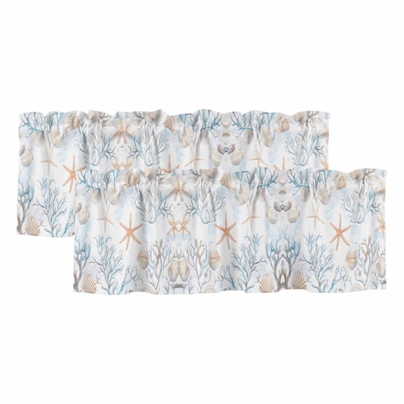 2 Pack Coral Starfish Valance for Window Ocean Coastal Summer Nautical Retro Kitchen Valance Rod Pocket Short Curtain Topper Decorative Window Treatment for Living Room Bedroom 42"x12"