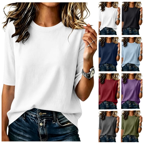 vzibsiv Womens Tee Shirts White Half Sleeve Tshirts Plain Crew neck All-season Size XL