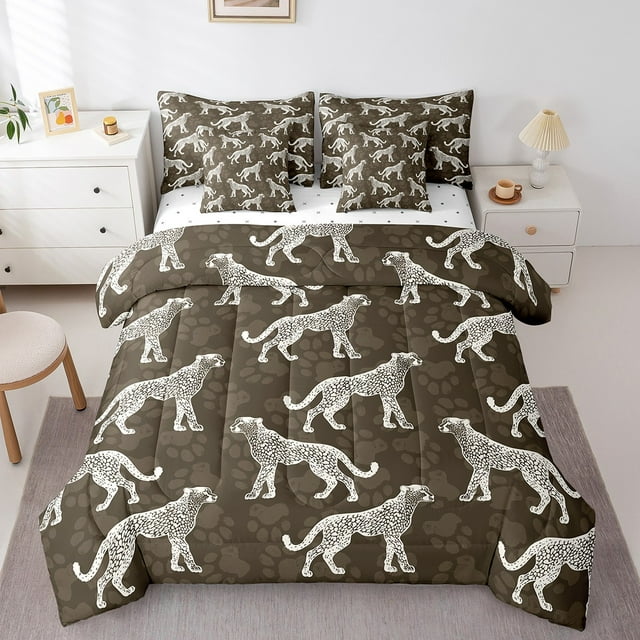 YST Ensemble de Literie 7 Pcs « Bed in a Bag » Format Grand Lit Ensemble de Douillette pour Enfants Femmes Ensemble de Literie Guépard, Ensemble de Lit Léopard Rétro Réversible, Douillette d'Animal Sauvage Africain avec Ensemble de Draps, Toutes Saisons