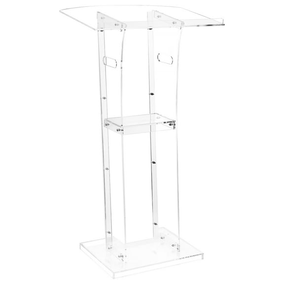 KFFKFF 43-Inch Acrylic Podium Stand, Portable Floor-Standing Lectern with Spacious Reading Surface, Storage Shelf, and Book Stopper, Ideal for Classrooms, Weddings, Conferences, Lectures, and Events