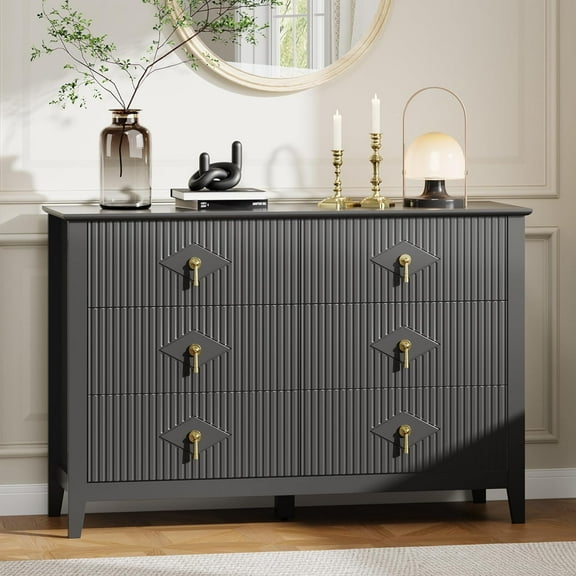 Garvee Fluted Dresser 47.2 Inch Wide, 6-Drawer Wood Dresser for Bedroom, Modern Chest of Drawers, Storage Organizer Cabinet for Living Room, Hallway, Entryway, Black