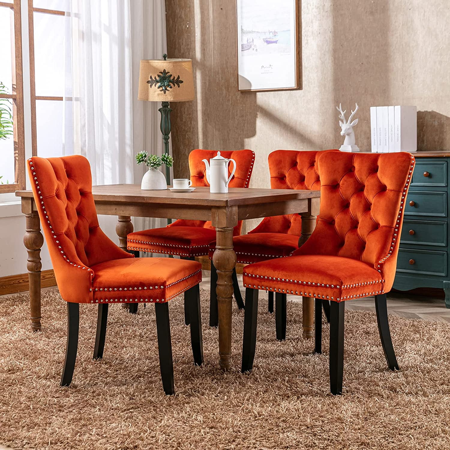 Orange Velvet Dining Chairs Set of 6 Kitchen Dining Room Chairs