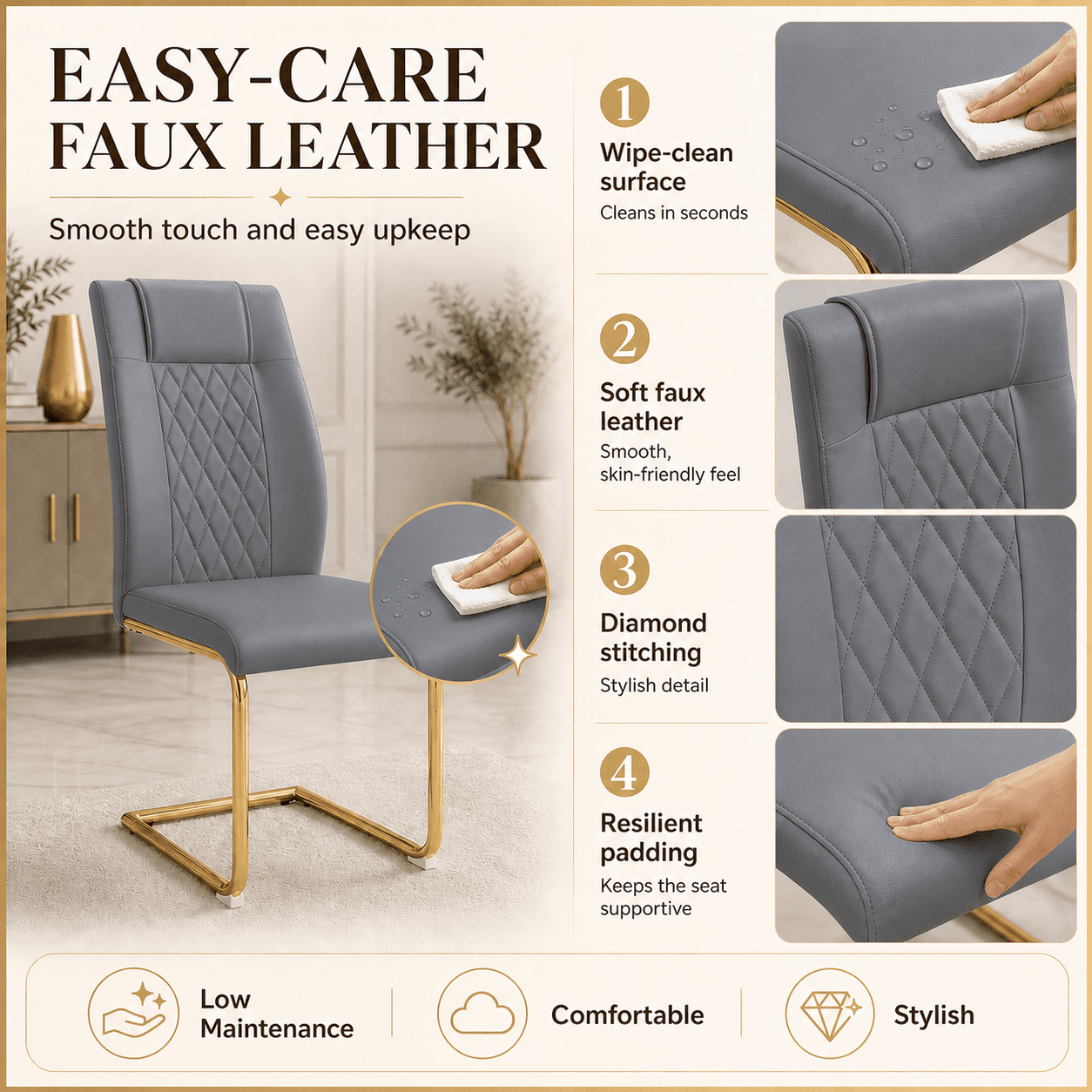 JUFU Set of 4 Gray Faux Leather Dining Chairs with Gold Legs, Modern High Back Armless Chairs for Kitchen or Dining Room
