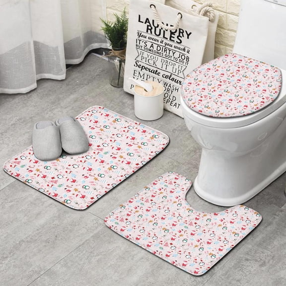 Pink Christmas Santa and Penguin Pattern Bathroom Rugs Sets 3 Piece,Toilet Cover Set,Absorbent Non Slip Bathroom Mats Sets with U-Shaped Contour Rug Toilet Rug Set