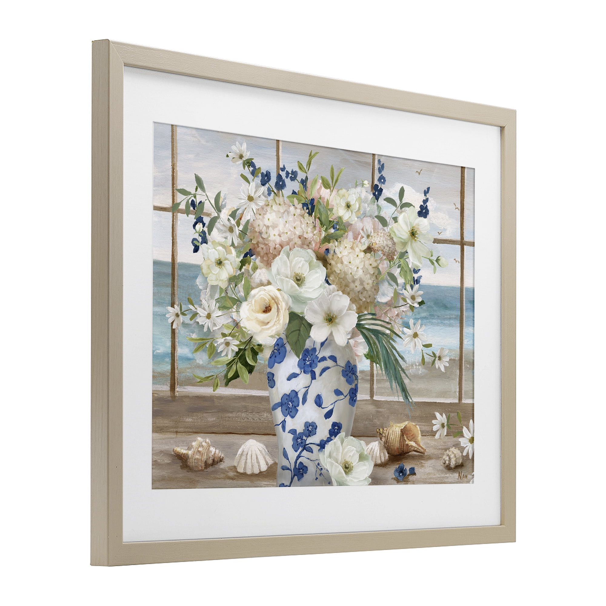 Stupell Industries Seashells & Flowers Windowsill Birch Framed Print Under Glass, design by Nan